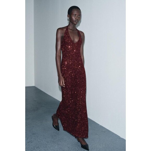 ZARA SEQUIN V-NECK DRESS - Picture 2 of 9